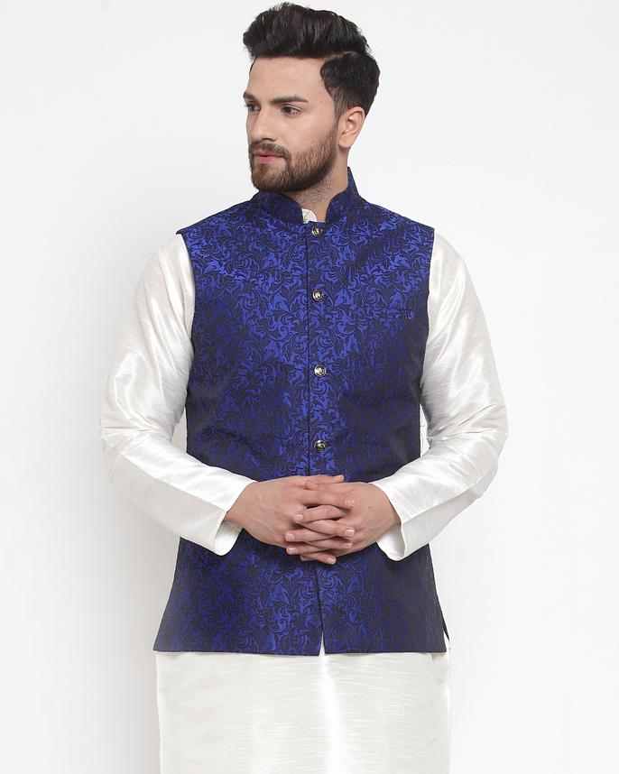 Jompers Men Blue-Coloured & Black Woven Design Nehru Jacket | Grocsy