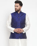 Jompers Men Blue-Coloured & Black Woven Design Nehru Jacket | Grocsy