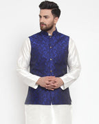 Jompers Men Blue-Coloured & Black Woven Design Nehru Jacket | Grocsy