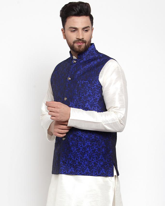 Jompers Men Blue-Coloured & Black Woven Design Nehru Jacket | Grocsy