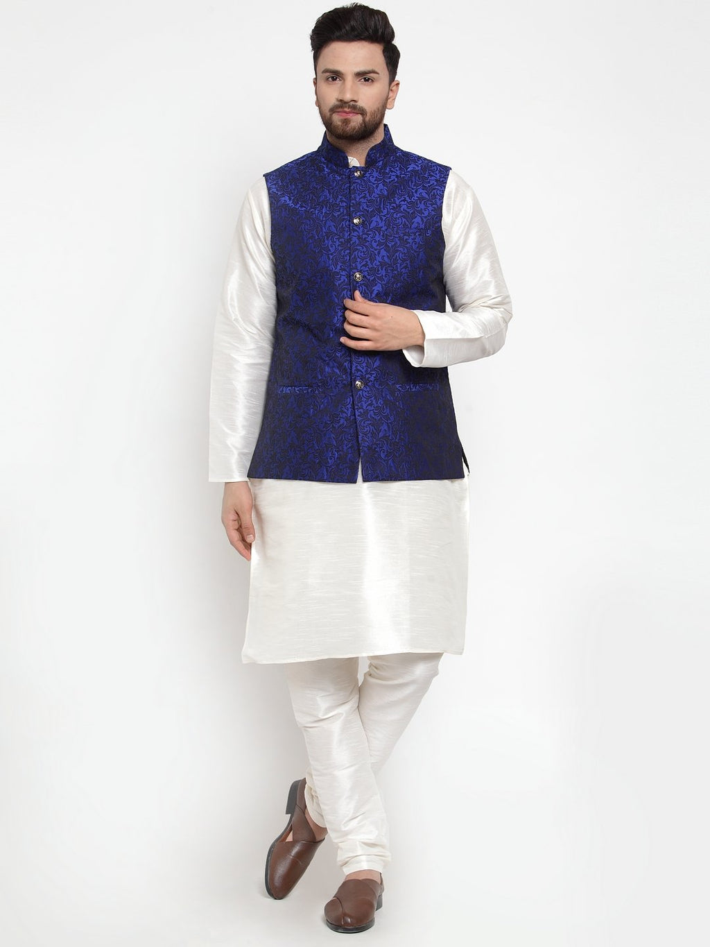 Jompers Men Blue-Coloured & Black Woven Design Nehru Jacket | Grocsy