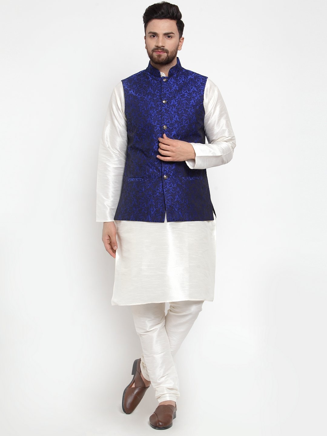 Jompers Men Blue-Coloured & Black Woven Design Nehru Jacket | Grocsy