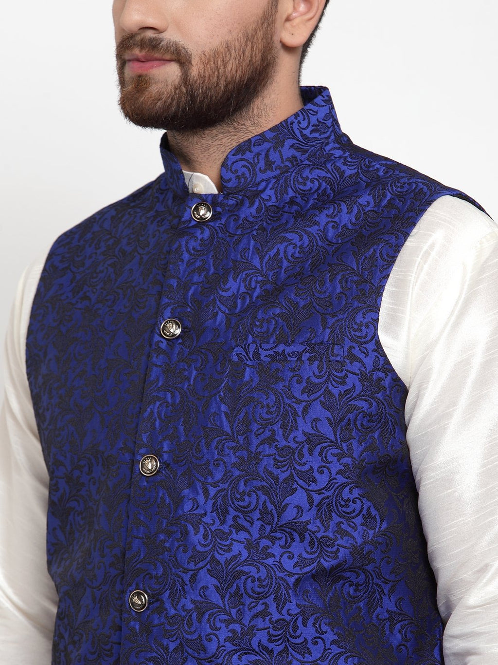Jompers Men Blue-Coloured & Black Woven Design Nehru Jacket | Grocsy