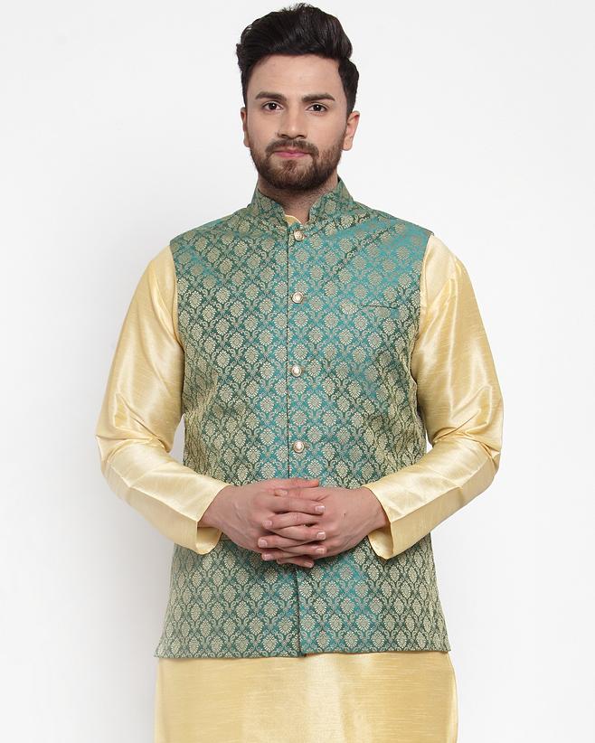 Jompers Men Green-Coloured & Golden Woven Design Nehru Jacket | Grocsy