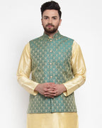 Jompers Men Green-Coloured & Golden Woven Design Nehru Jacket | Grocsy