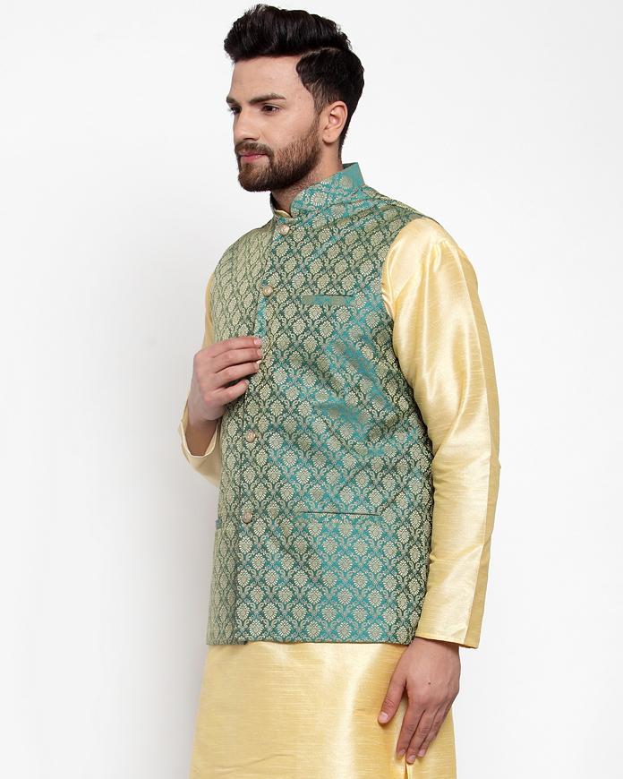 Jompers Men Green-Coloured & Golden Woven Design Nehru Jacket | Grocsy