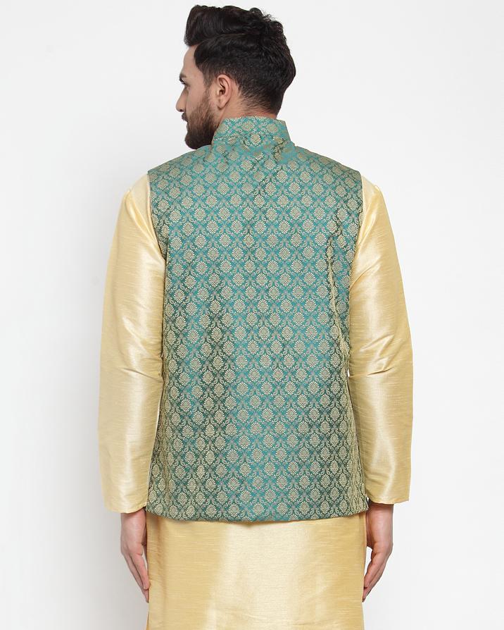 Jompers Men Green-Coloured & Golden Woven Design Nehru Jacket | Grocsy
