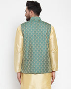 Jompers Men Green-Coloured & Golden Woven Design Nehru Jacket | Grocsy