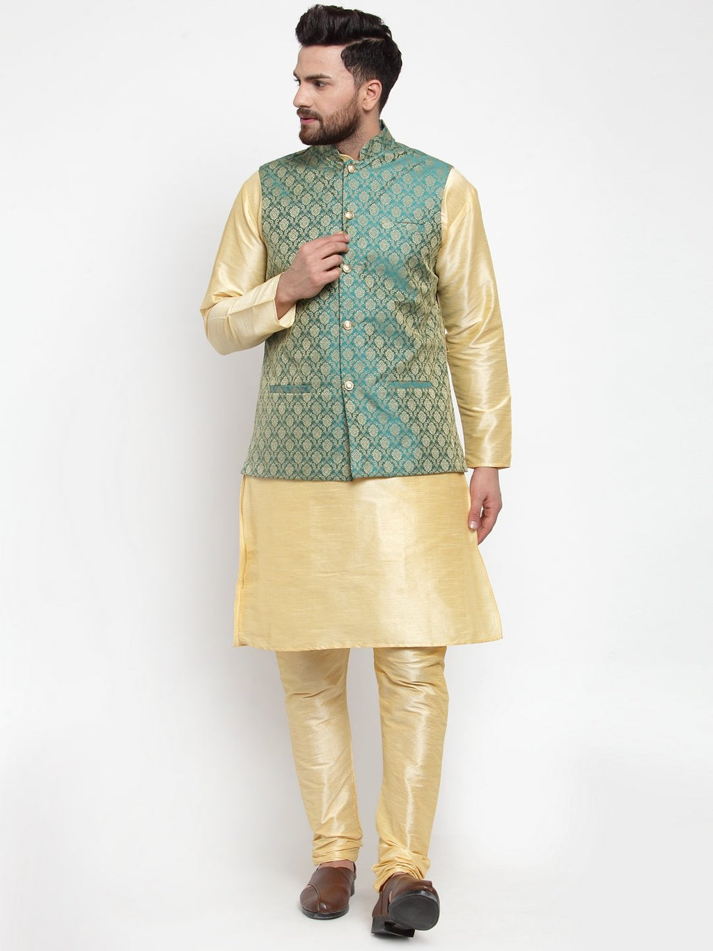 Jompers Men Green-Coloured & Golden Woven Design Nehru Jacket | Grocsy