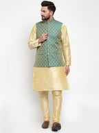 Jompers Men Green-Coloured & Golden Woven Design Nehru Jacket | Grocsy