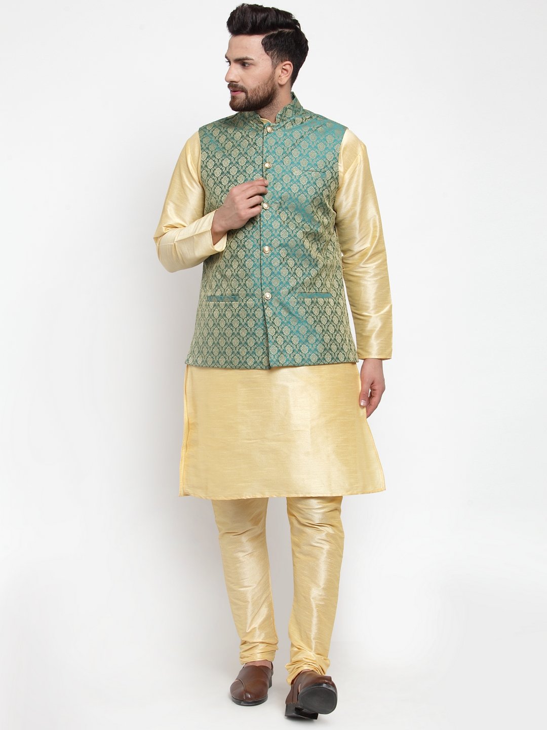 Jompers Men Green-Coloured & Golden Woven Design Nehru Jacket | Grocsy