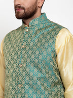 Jompers Men Green-Coloured & Golden Woven Design Nehru Jacket | Grocsy