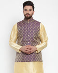 Jompers Men Purple-Coloured & Golden Woven Design Nehru Jacket | Grocsy