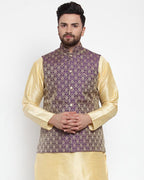 Jompers Men Purple-Coloured & Golden Woven Design Nehru Jacket | Grocsy