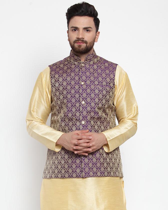 Jompers Men Purple-Coloured & Golden Woven Design Nehru Jacket | Grocsy