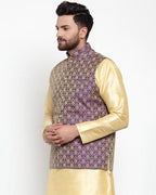 Jompers Men Purple-Coloured & Golden Woven Design Nehru Jacket | Grocsy