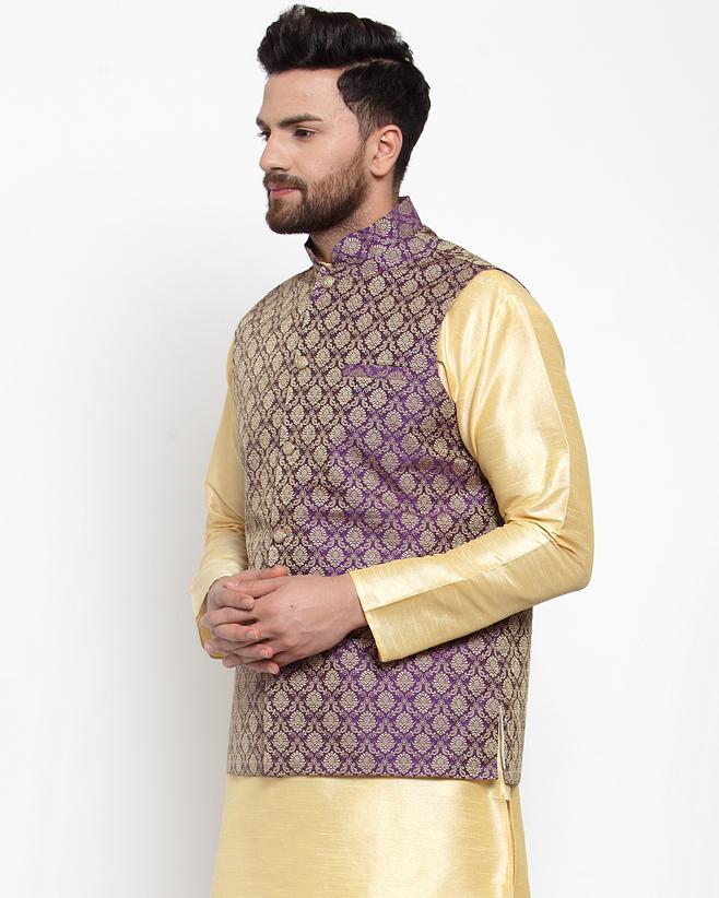Jompers Men Purple-Coloured & Golden Woven Design Nehru Jacket | Grocsy
