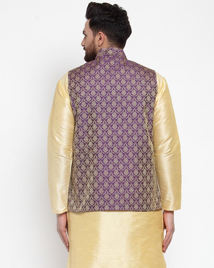Jompers Men Purple-Coloured & Golden Woven Design Nehru Jacket | Grocsy