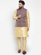 Jompers Men Purple-Coloured & Golden Woven Design Nehru Jacket | Grocsy