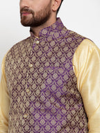 Jompers Men Purple-Coloured & Golden Woven Design Nehru Jacket | Grocsy