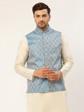 Jompers Men's Sky Blue Woven Design Nehru Jacket | Grocsy