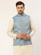 Jompers Men's Sky Blue Woven Design Nehru Jacket | Grocsy