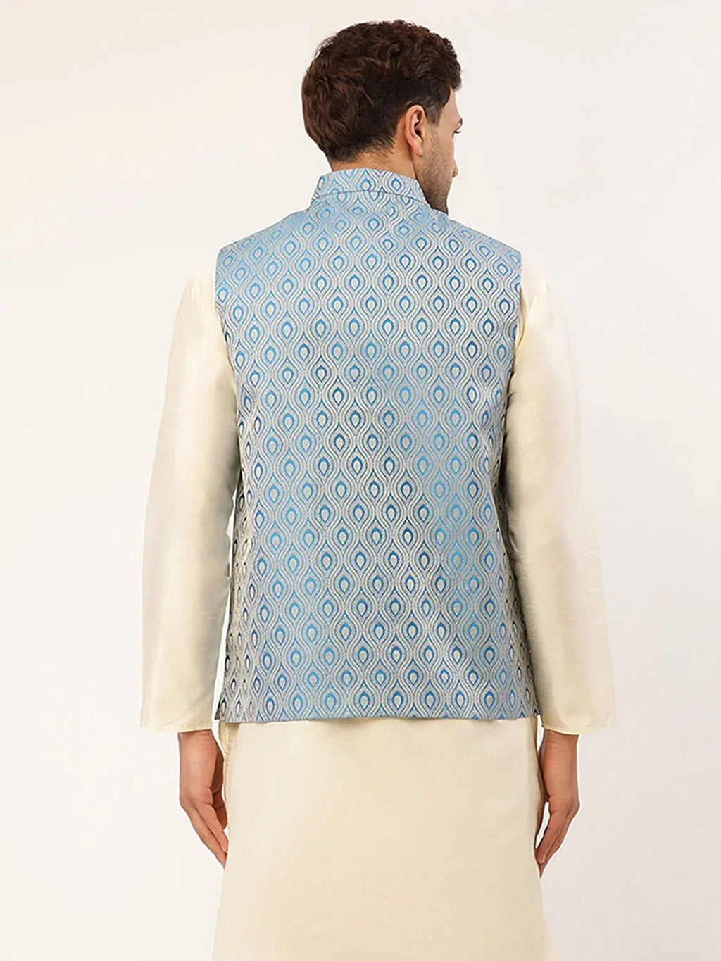 Jompers Men's Sky Blue Woven Design Nehru Jacket | Grocsy