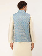 Jompers Men's Sky Blue Woven Design Nehru Jacket | Grocsy