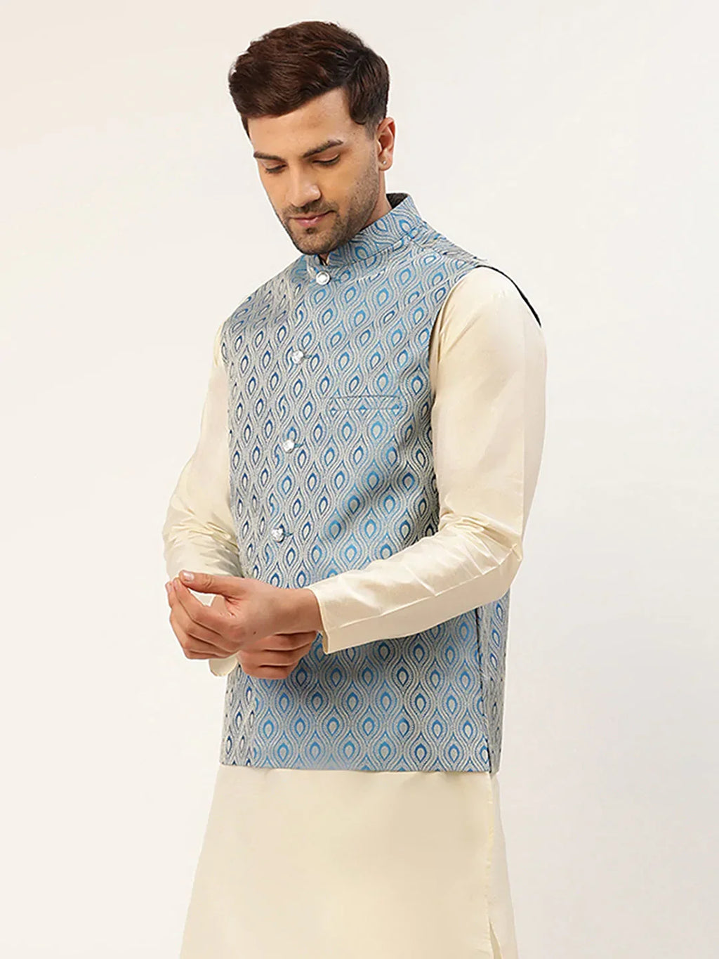 Jompers Men's Sky Blue Woven Design Nehru Jacket | Grocsy