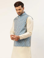 Jompers Men's Sky Blue Woven Design Nehru Jacket | Grocsy