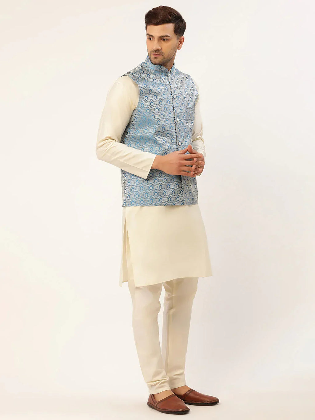 Jompers Men's Sky Blue Woven Design Nehru Jacket | Grocsy