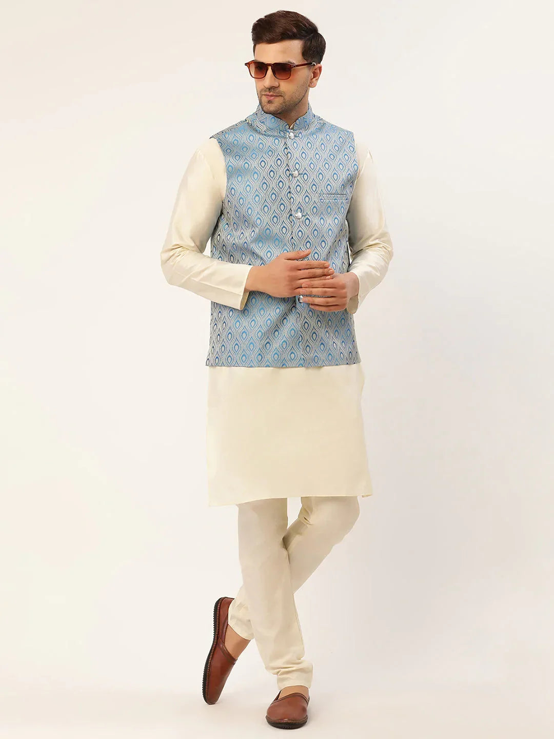 Jompers Men's Sky Blue Woven Design Nehru Jacket | Grocsy