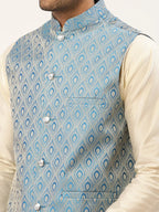 Jompers Men's Sky Blue Woven Design Nehru Jacket | Grocsy