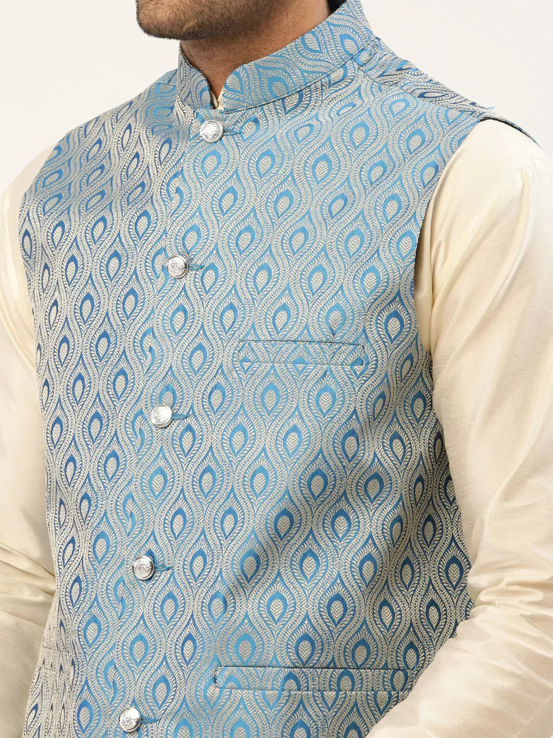 Jompers Men's Sky Blue Woven Design Nehru Jacket | Grocsy