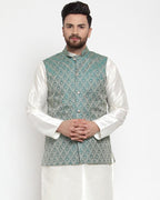 Jompers Men Green Woven Design Nehru Jacket | Grocsy