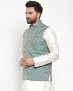 Jompers Men Green Woven Design Nehru Jacket | Grocsy