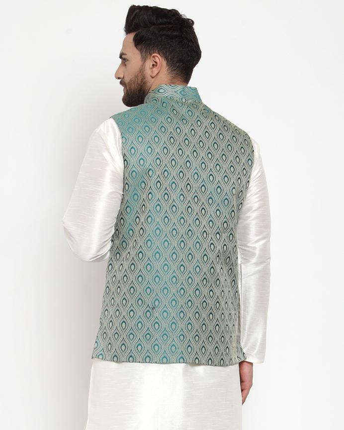 Jompers Men Green Woven Design Nehru Jacket | Grocsy
