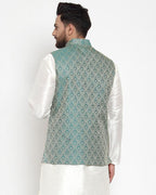 Jompers Men Green Woven Design Nehru Jacket | Grocsy