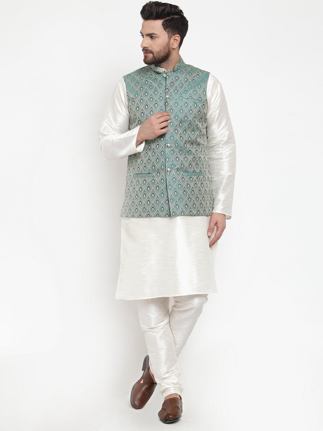 Jompers Men Green Woven Design Nehru Jacket | Grocsy