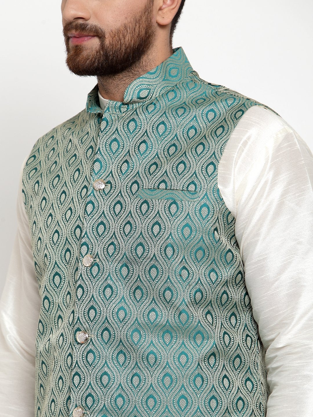Jompers Men Green Woven Design Nehru Jacket | Grocsy