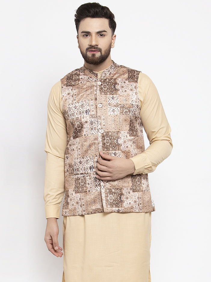 Jompers Men's Beige Printed Nehru Jacket | Grocsy