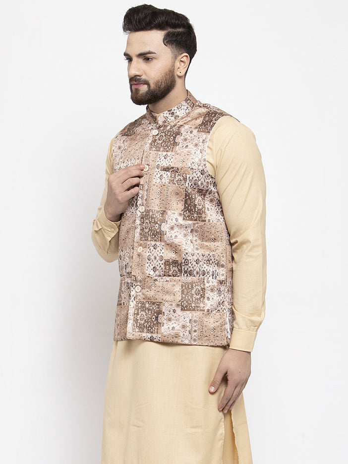 Jompers Men's Beige Printed Nehru Jacket | Grocsy