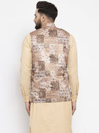 Jompers Men's Beige Printed Nehru Jacket | Grocsy