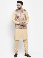 Jompers Men's Beige Printed Nehru Jacket | Grocsy
