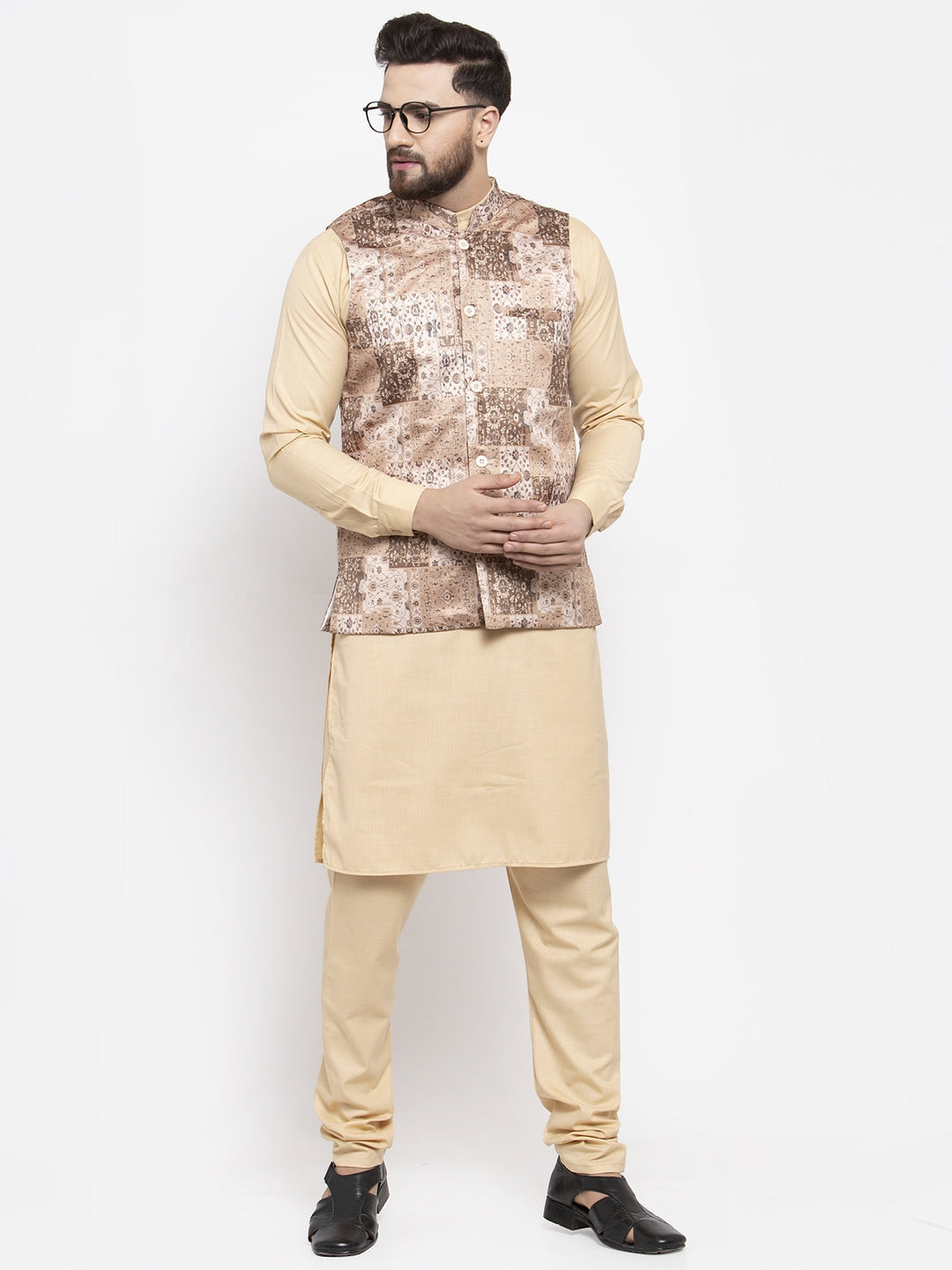 Jompers Men's Beige Printed Nehru Jacket | Grocsy