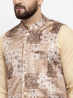Jompers Men's Beige Printed Nehru Jacket | Grocsy