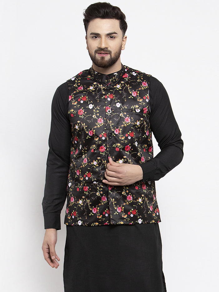 Jompers Men's Black Printed Nehru Jacket | Grocsy