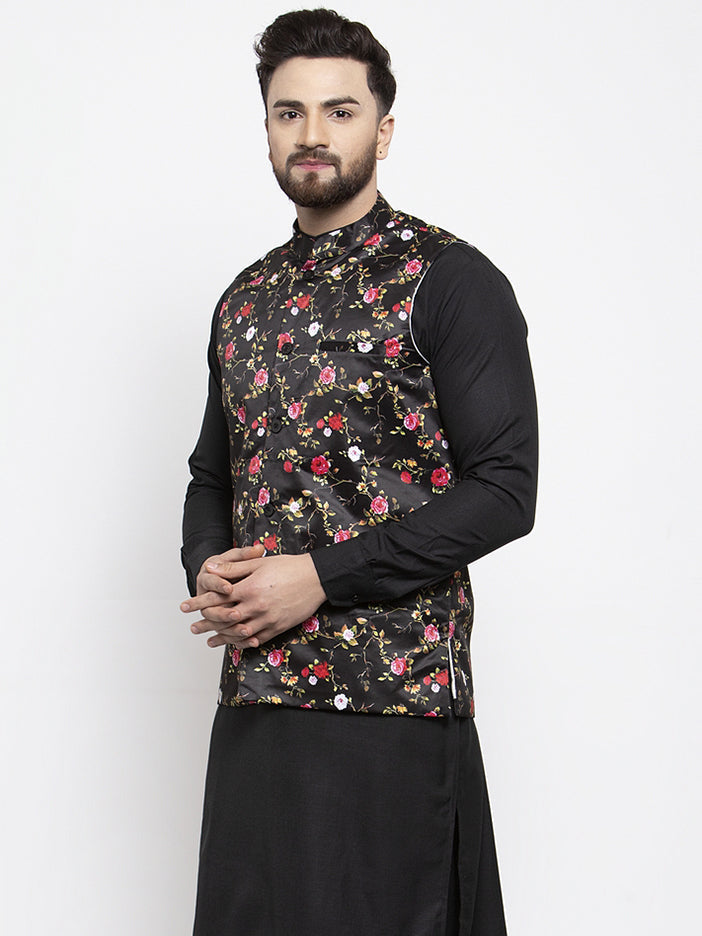 Jompers Men's Black Printed Nehru Jacket | Grocsy