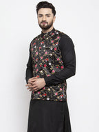 Jompers Men's Black Printed Nehru Jacket | Grocsy