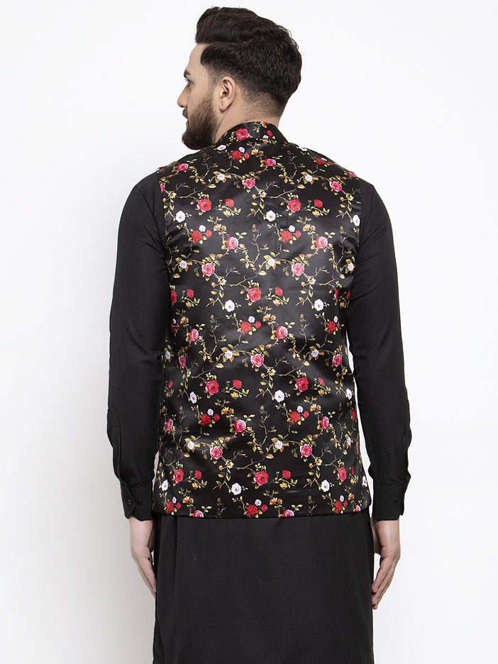 Jompers Men's Black Printed Nehru Jacket | Grocsy